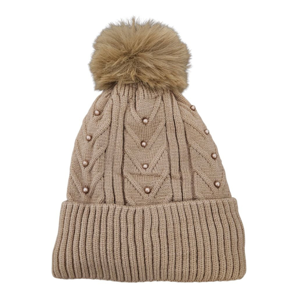 Unbranded Accessories - Women's Tan Faux Fur Pompom Pearls Winter Hat